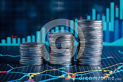 Coin stacks atop blue financial graph background denote investment Stock Photo