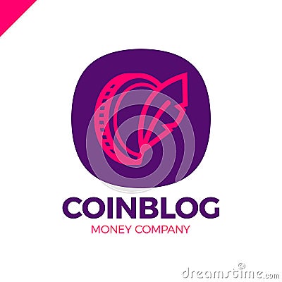 Coin symbol with feather sing. Money blog writer logo Vector Illustration