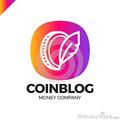 Coin symbol with feather sing. Money blog writer logo Vector Illustration