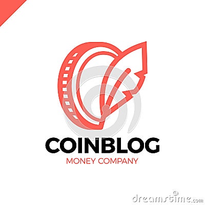 Coin symbol with feather sing. Money blog writer logo Vector Illustration