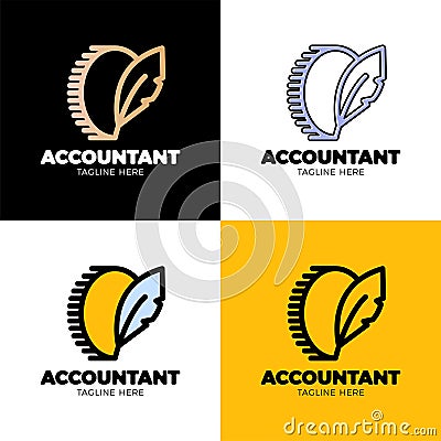 Coin symbol with feather sing. Money blog writer logo or accountant worker Vector Illustration
