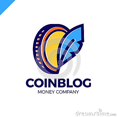 Coin symbol with feather sing. Money blog writer logo Vector Illustration