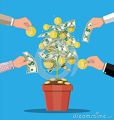 Money coin tree. Growing money tree. Vector Illustration