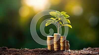 Coin tree The tree grows on the pile. Saving money for the future. Investment Ideas and Business Growth. Green background with Stock Photo