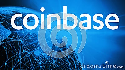 Coinbase cryptocurrency stock market name on abstract digital background. Coinbase logo with Bitcoin cryptocurrency in the United Editorial Stock Photo