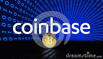 Coinbase cryptocurrency stock market name on abstract digital background. Coinbase logo with Bitcoin cryptocurrency in the United Editorial Stock Photo