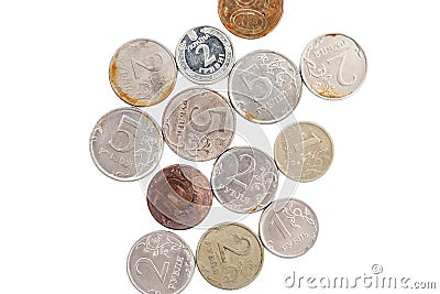 Coins in assortment - Ukrainian pennies and hryvnias, Russian rubles, Turkish kurush and lira, euros and euro cents, Moldovan leu. Stock Photo