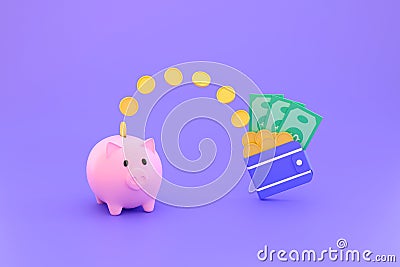 Coins and banknotes and piggy banks. saving concept and spending money Stock Photo