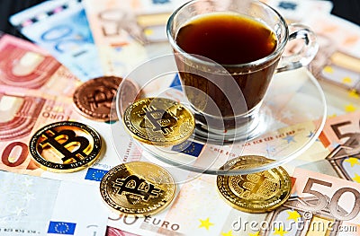 Coins Bitcoin - crypto currency and traditional money. The choice of the modern world. Investments, cryptocurrency digital payment Stock Photo