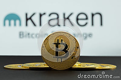 The coins of bitcoin are in front of logo of Kraken crypto stock exchange background. In the foreground is a BTC coins and on the Cartoon Illustration