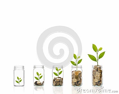 Coins in a bottle, Represents the financial growth. The more money you save, the more you will get. Stock Photo