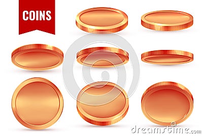 Coins bronze. Money cash realistic coin different angles view, finance payment symbols. Bingo jackpot casino. Gambling Vector Illustration