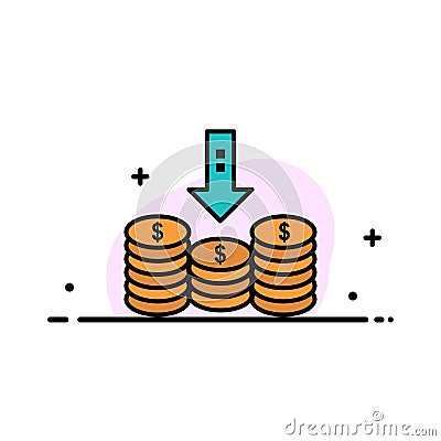 Coins, Cash, Money, Down, Arrow Business Flat Line Filled Icon Vector Banner Template Vector Illustration