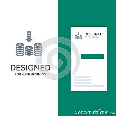 Coins, Cash, Money, Down, Arrow Grey Logo Design and Business Card Template Vector Illustration