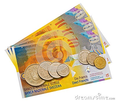 Coins and colorful bills. Stock Photo