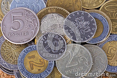 Coins from different countries Stock Photo