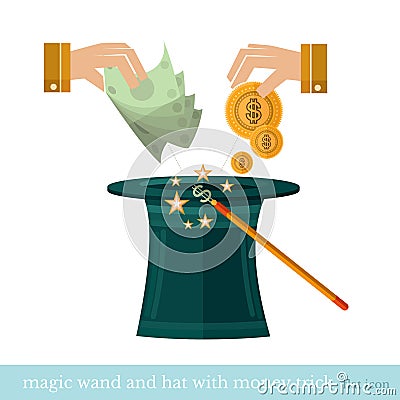 Coins fall into magician hat and out bank note Vector Illustration