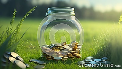 Coins in glass jar on green grass background, Saving money concept Stock Photo