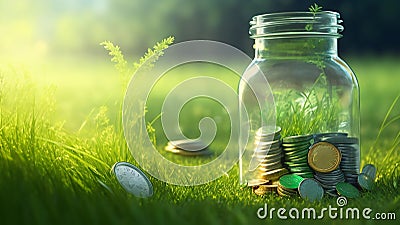 Coins in glass jar on green grass background, Saving money concept, wealth management Stock Photo