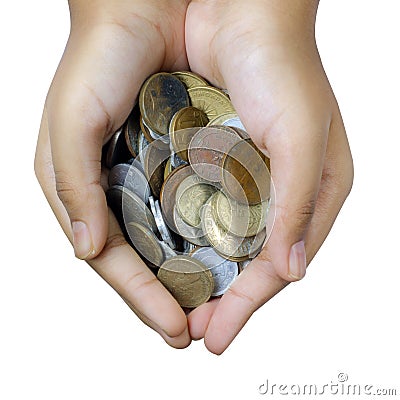 Coins in hands in isolated white background, Editorial Stock Photo