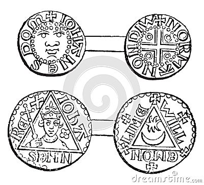 Coins minted during the reign of King John, vintage engraving Vector Illustration