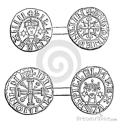 Coins minted under William II, vintage engraving Vector Illustration