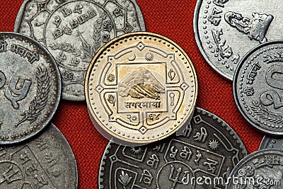 Coins of Nepal. Mount Everest (Sagarmatha) Stock Photo