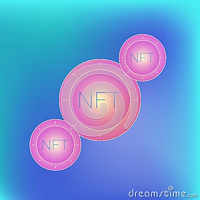 Coins with NFT text on gradient background. Cryptographic token. NFT collection of virtual images, artistic creation Vector Illustration