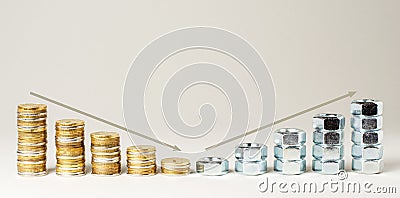 Coins and nut bolts closeup. The concept of financial problems or production efficiency. Copy space Stock Photo