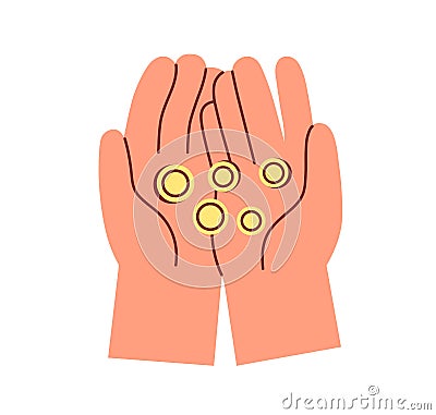 Coins in palms icon. Hands holding gold cash money, change. Finance, charity and philanthropy concept. Financial Vector Illustration