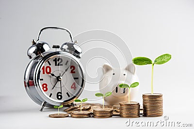Coins with piggy bank and alarm clock. 1 dollar coin stacking.money saving Stock Photo