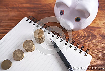 Coins piggy notebook pen Stock Photo