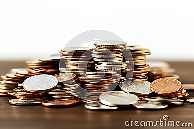 Coins pile, white background, selective focus emphasizes savings concept Stock Photo