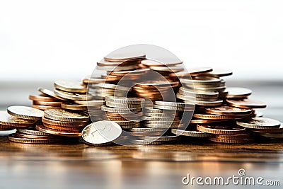 Coins pile, white background, selective focus emphasizes savings concept Stock Photo