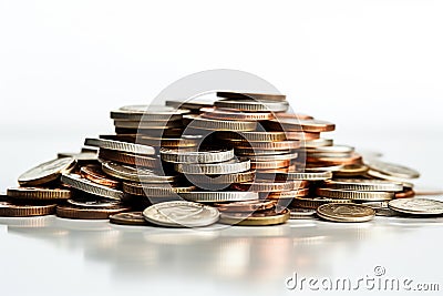 Coins pile, white background, selective focus emphasizes savings concept Stock Photo