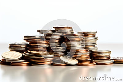 Coins pile, white background, selective focus emphasizes savings concept Stock Photo