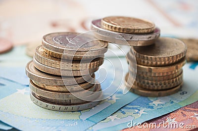 coins piles and banknote in euro money Stock Photo