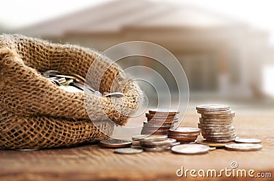 Coins in sack for money saving financial Stock Photo