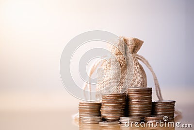 Coins in sack. Stock Photo