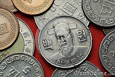 Coins of South Korea. Korean naval commander Yi Sun-sin Stock Photo