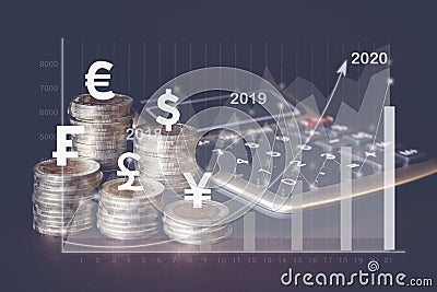 Coins Stack, calculator, virtual hologram stat, graph currency icons different countries. Concept of money saving, financial. Stock Photo