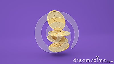 Coins stack falling on purple background, business investment profit, money saving concept. 3d render illustration. Cartoon Illustration