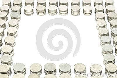 Coins stack golden set each 10 coins isolated on white background. Selective focus Stock Photo