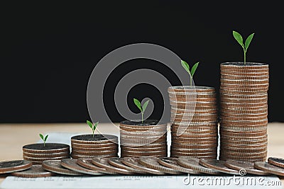 Coins stacked of money on saving account book from bank and tree growing up on it, step of financial stock market Stock Photo