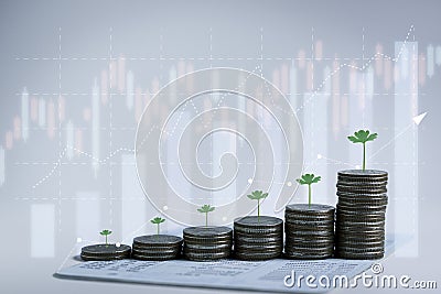 Coins stacking of money on saving account book from bank and plants growing up on it, step of financial stock market Stock Photo