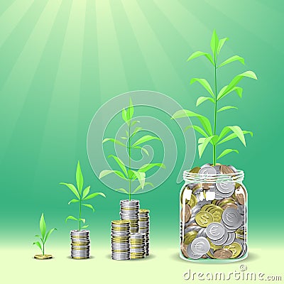 Coins stacks with a plants growing on the top. Vector Illustration