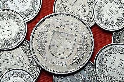 Coins of Switzerland. Coat of arms of Switzerland Stock Photo