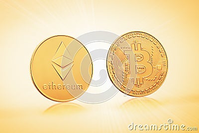 Coins symbols bitcoin and ethereum on a background of golden lights Editorial Stock Photo