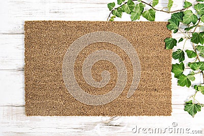 Coir doormat Floral template mockup wooden background Stock Photo