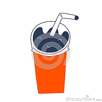 Cola drink in paper cup with lid and straw. Vector doodle art, disposable glass for sweet soda drink. takeout fast food Vector Illustration